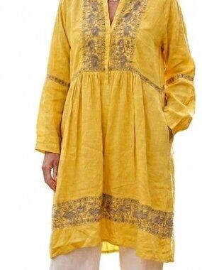 120% Lino Dress Yellow Embroidered Size 46 Laggenlook Resort vacation cruise
